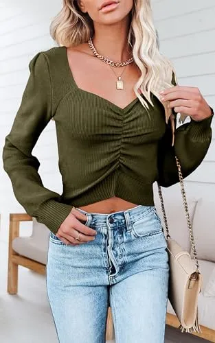 PRETTYGARDEN Fall Long Sleeve Cropped Sweaters for Women 2024 Off The Shoulder V Neck Ruched Ribbed Knit Going Out Tops (Olive Green, Small)