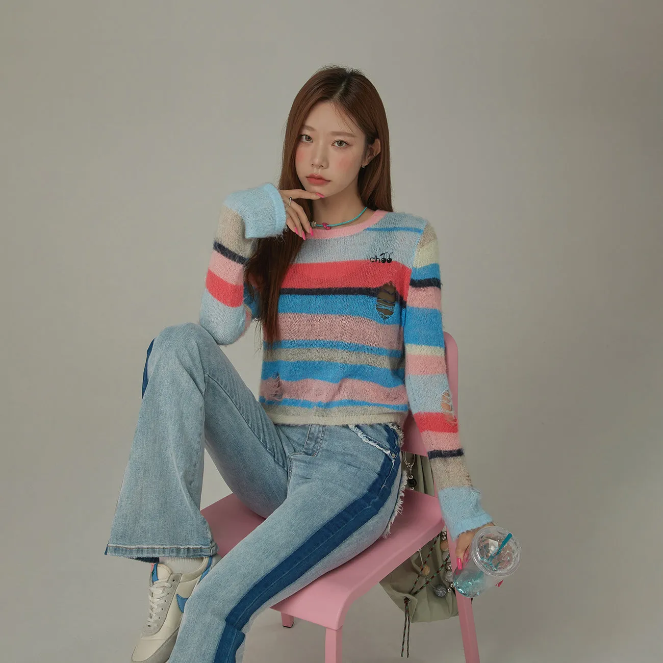 Rainbow Crop Ripped Stripe Knit Sweater