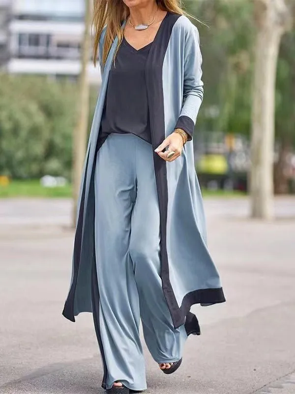 Sets Casual Contrast Color Sleeveless Vest Long Sleeve Cardigan Trousers Three Piece Set for Women