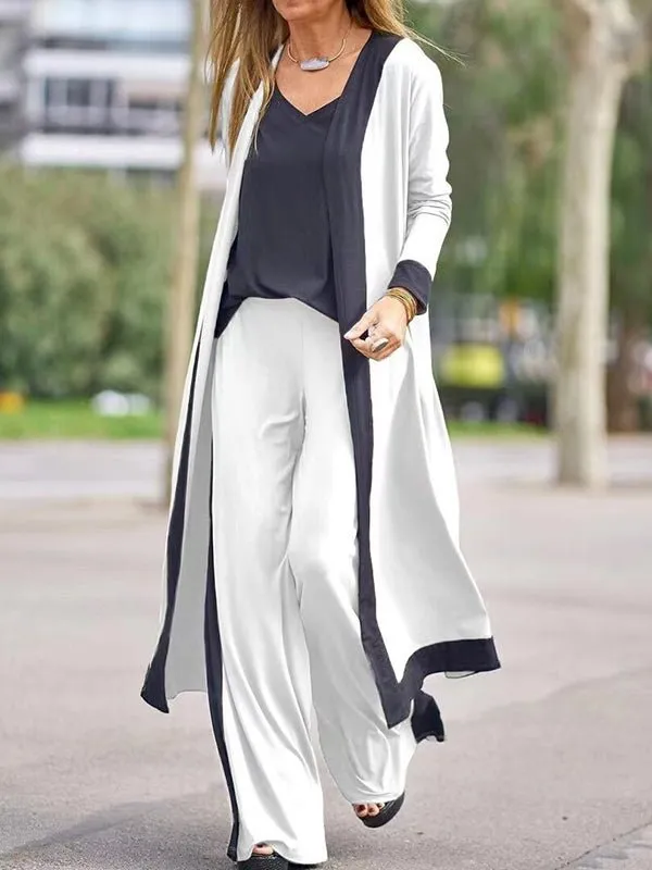 Sets Casual Contrast Color Sleeveless Vest Long Sleeve Cardigan Trousers Three Piece Set for Women