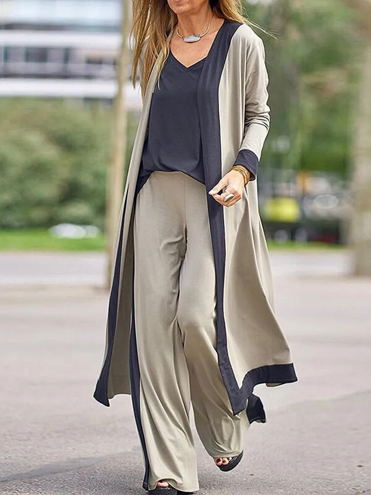 Sets Casual Contrast Color Sleeveless Vest Long Sleeve Cardigan Trousers Three Piece Set for Women