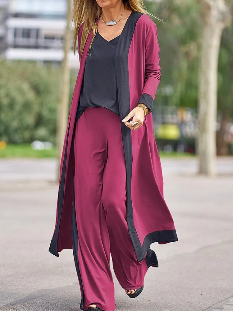 Sets Casual Contrast Color Sleeveless Vest Long Sleeve Cardigan Trousers Three Piece Set for Women