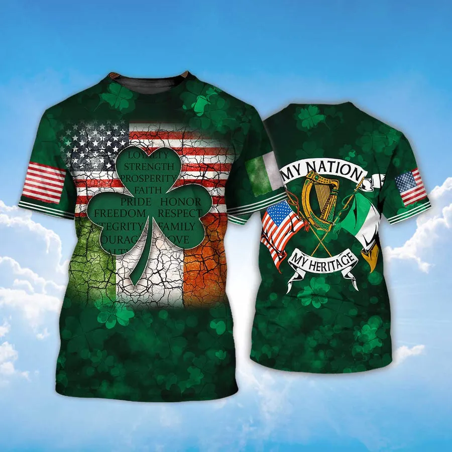 Shamrock Flag American Ireland Irish 3D Shirt, My Nation My Heritage T-Shirt, St Patrick's Day T-Shirt