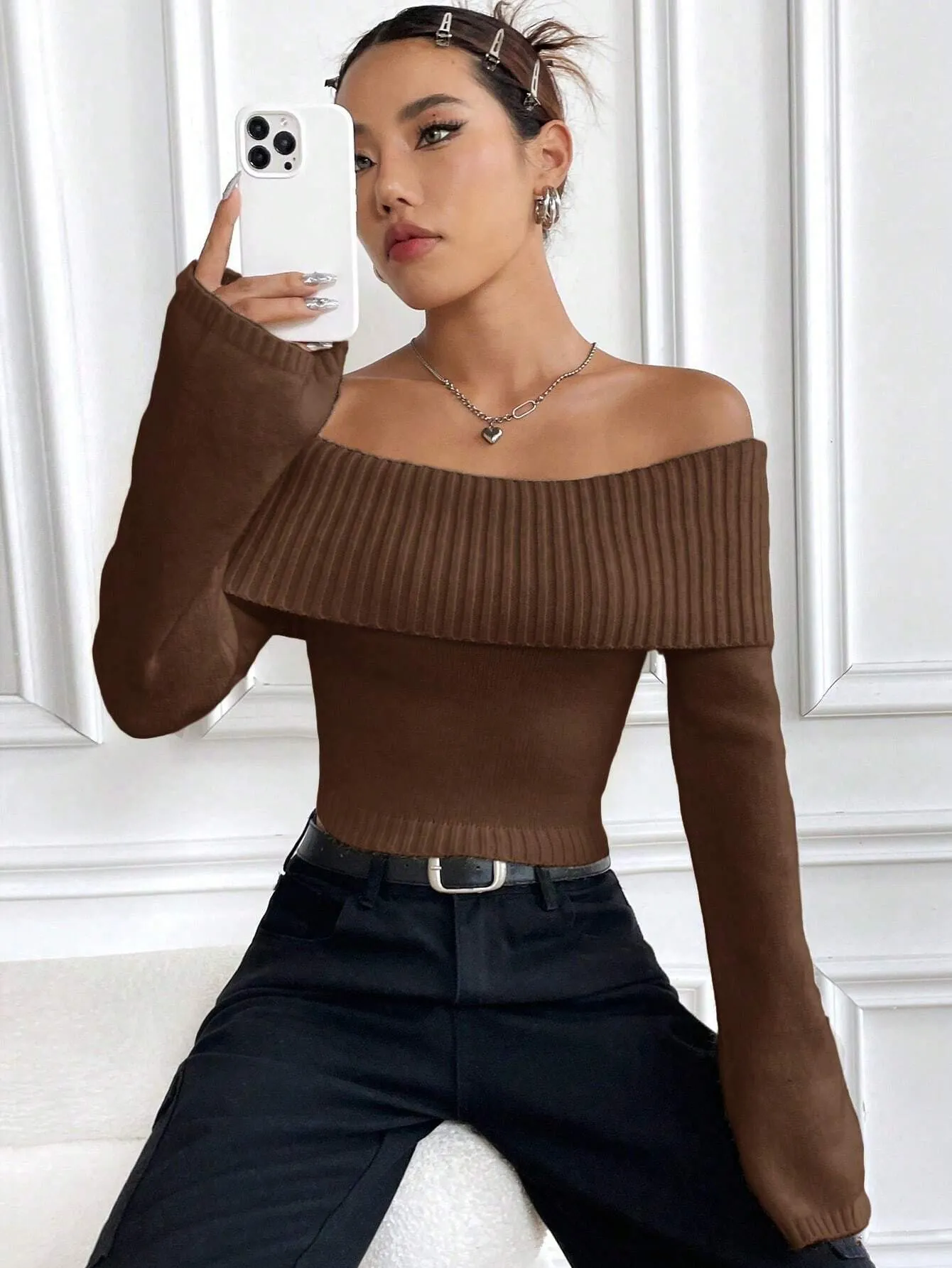 SHEIN MOOSTA Off-Shoulder Casual All-Match Sweater