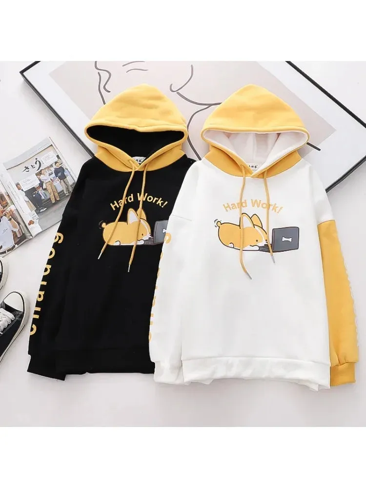 Shiba Inu Print Kawaii Women Hoodies Chic Drawstring Harajuku Cute Hooded Sweatshirts Winter Long Sleeve Female Sweet Tops