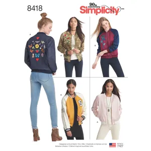 Simplicity Sewing Pattern 8418 Misses' Lined Bomber Jacket with Fabric & Trim Variations