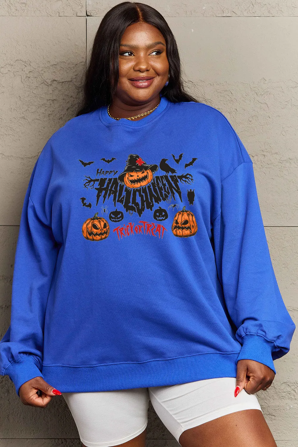 Simply Love Full Size HAPPY HALLOWEEN TRICK OR TREAT Graphic Sweatshirt