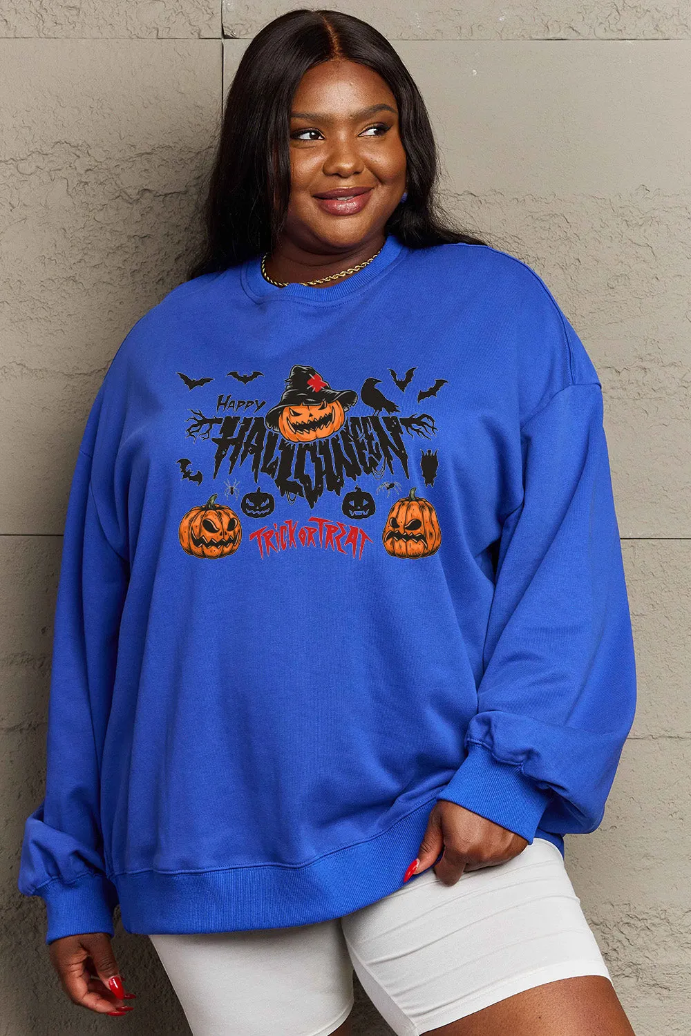 Simply Love Full Size HAPPY HALLOWEEN TRICK OR TREAT Graphic Sweatshirt