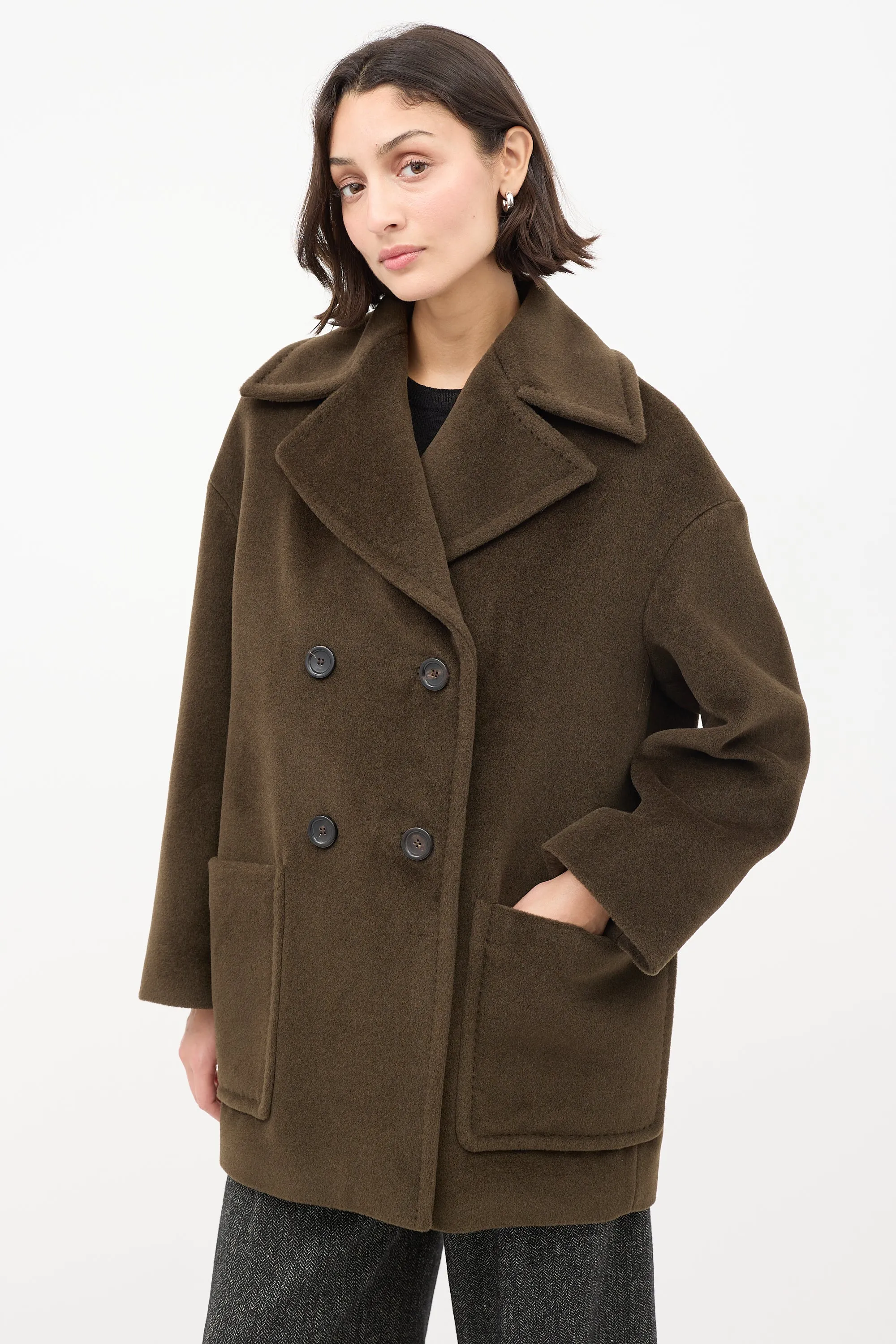 Studio Brown Wool Double Breasted Mid Length Coat