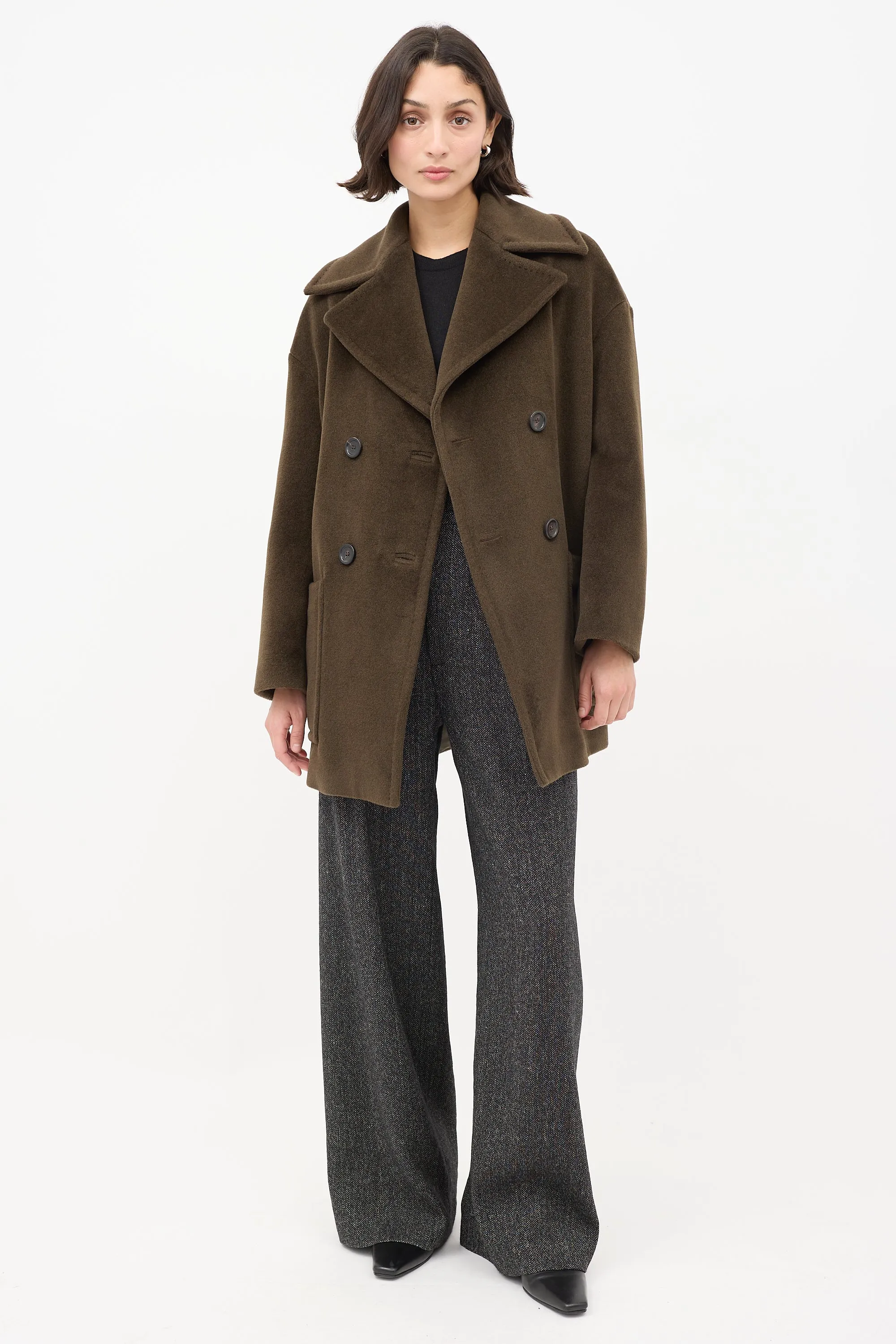 Studio Brown Wool Double Breasted Mid Length Coat