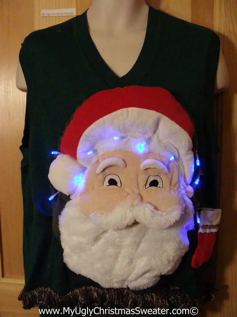 Tacky 3D Ugly Christmas Sweater Vest Mens Puffy Santa with Lights and Fringe (A65)