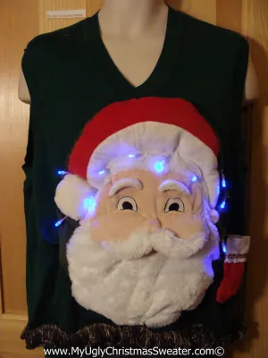 Tacky 3D Ugly Christmas Sweater Vest Mens Puffy Santa with Lights and Fringe (A65)