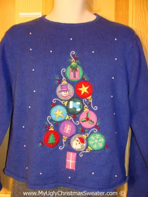 Tacky Blue Bling Christmas Sweater with Ornaments (f1331)