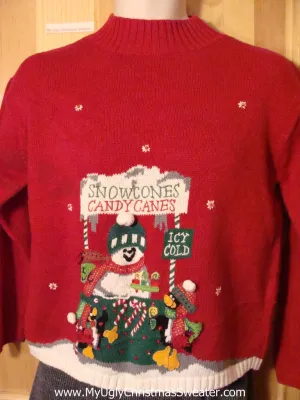 Tacky Cheap Ugly Christmas Sweater Snowman Selling Snowcones and Candy Canes (f563)