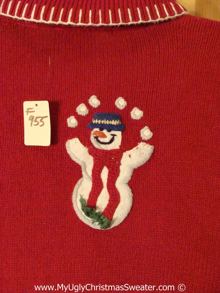 Tacky Christmas Sweater Party Ugly Sweater with Snowball Juggling Snowmen on Front & Back (f955)