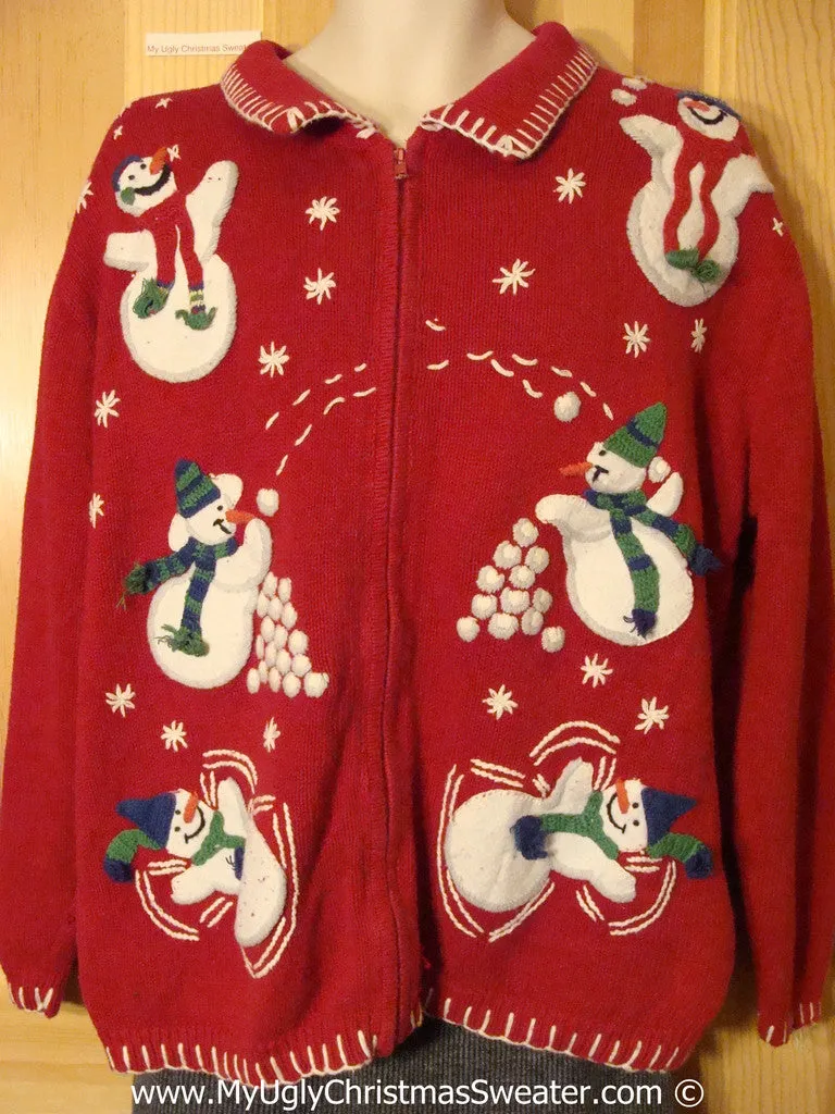 Tacky Christmas Sweater Party Ugly Sweater with Snowball Juggling Snowmen on Front & Back (f955)