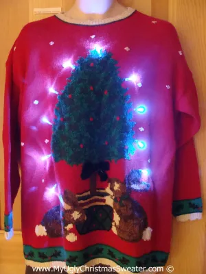 Tacky Red Xmas Sweater with Lights Tree Rabbits (g160)