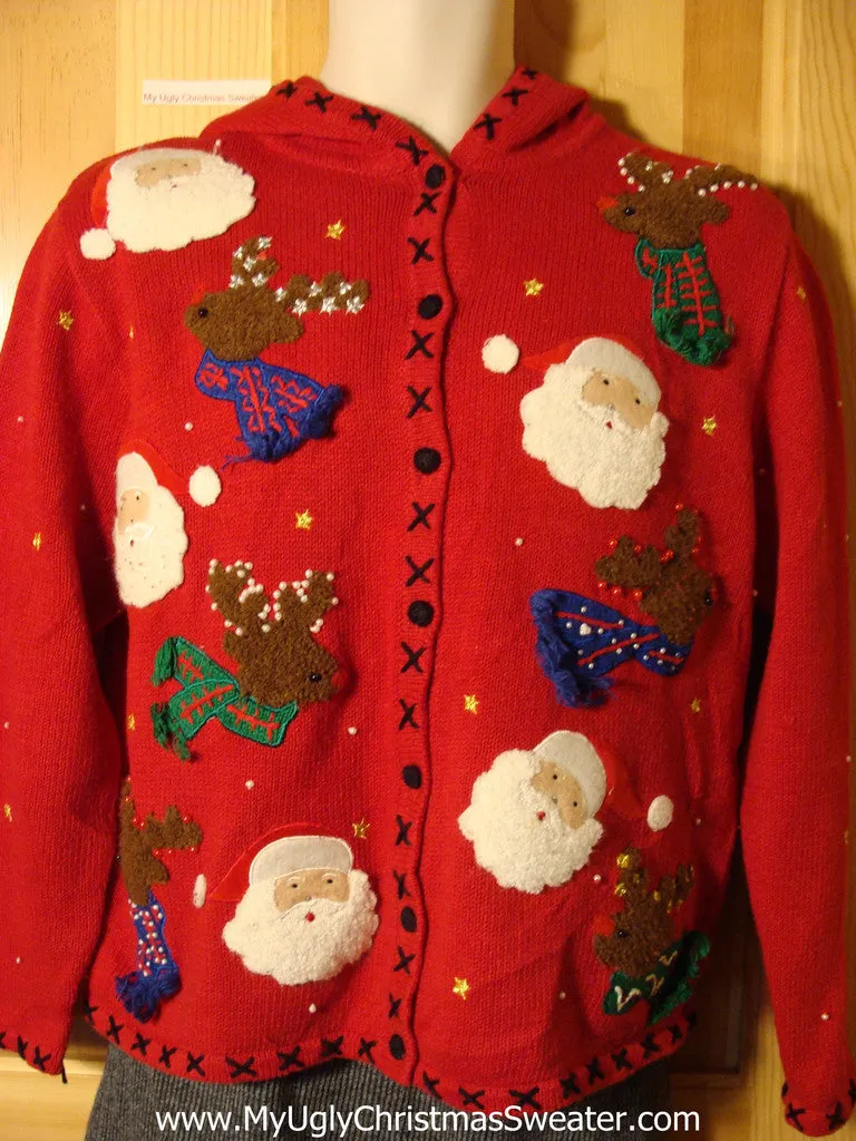 Tacky Ugly Christmas Hoodie Sweater with Santa and Reindeer Heads (f735)