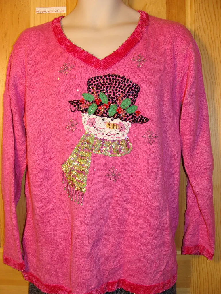 Tacky Ugly Christmas Sweater Pink with Bling Snowman (f431)