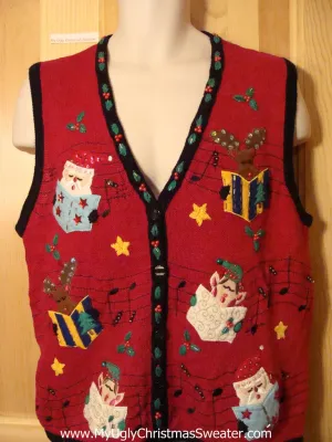 Tacky Ugly Christmas Sweater Vest 2sided Santa & Elves & Reindeer Carolling  (f406)