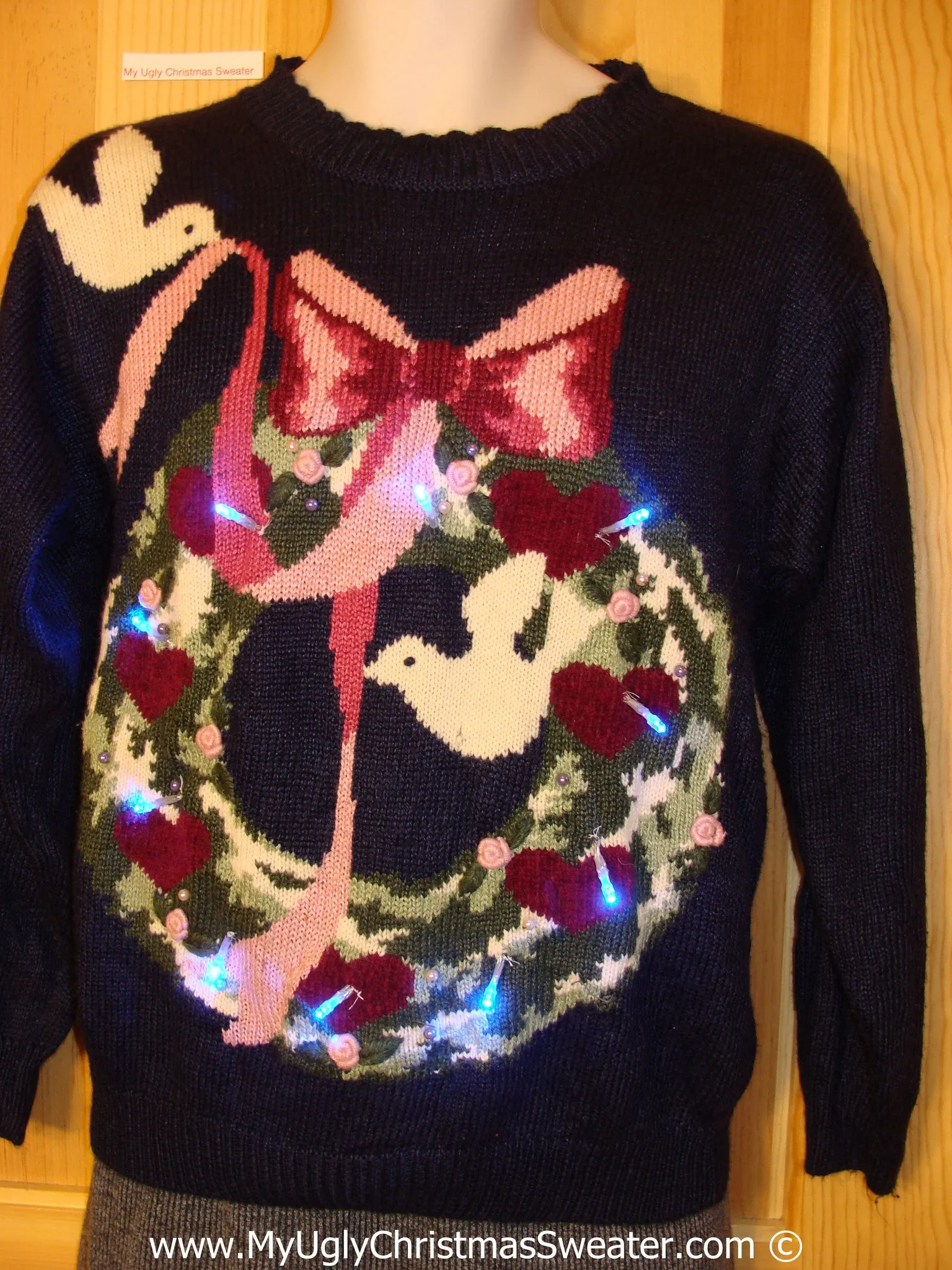 Tacky Xmas Sweater with Lights White Doves and Wreath (g141)