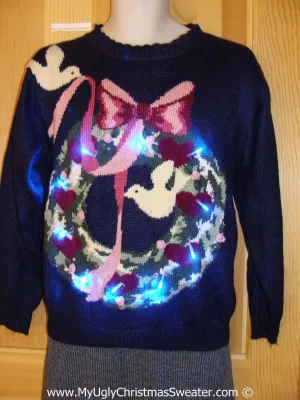 Tacky Xmas Sweater with Lights White Doves and Wreath (g141)