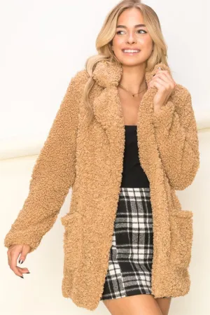 Taupe Teddy Fur Blazer Coat