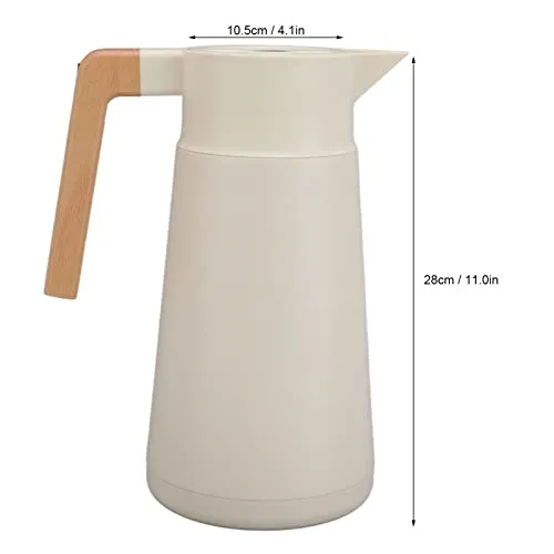 Thermal Coffee Carafe, Long Thermal Insulation Anti Scalding One Click Water Pressure Thermal Carafe with Beech Wood Handle for Office (White)