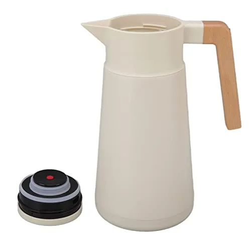 Thermal Coffee Carafe, Long Thermal Insulation Anti Scalding One Click Water Pressure Thermal Carafe with Beech Wood Handle for Office (White)