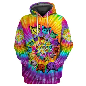 Tie Dye Hippie Cat Hoodie 3D All Over Print Cat Hippie Hoodie For Women, Hippie Gift To Her