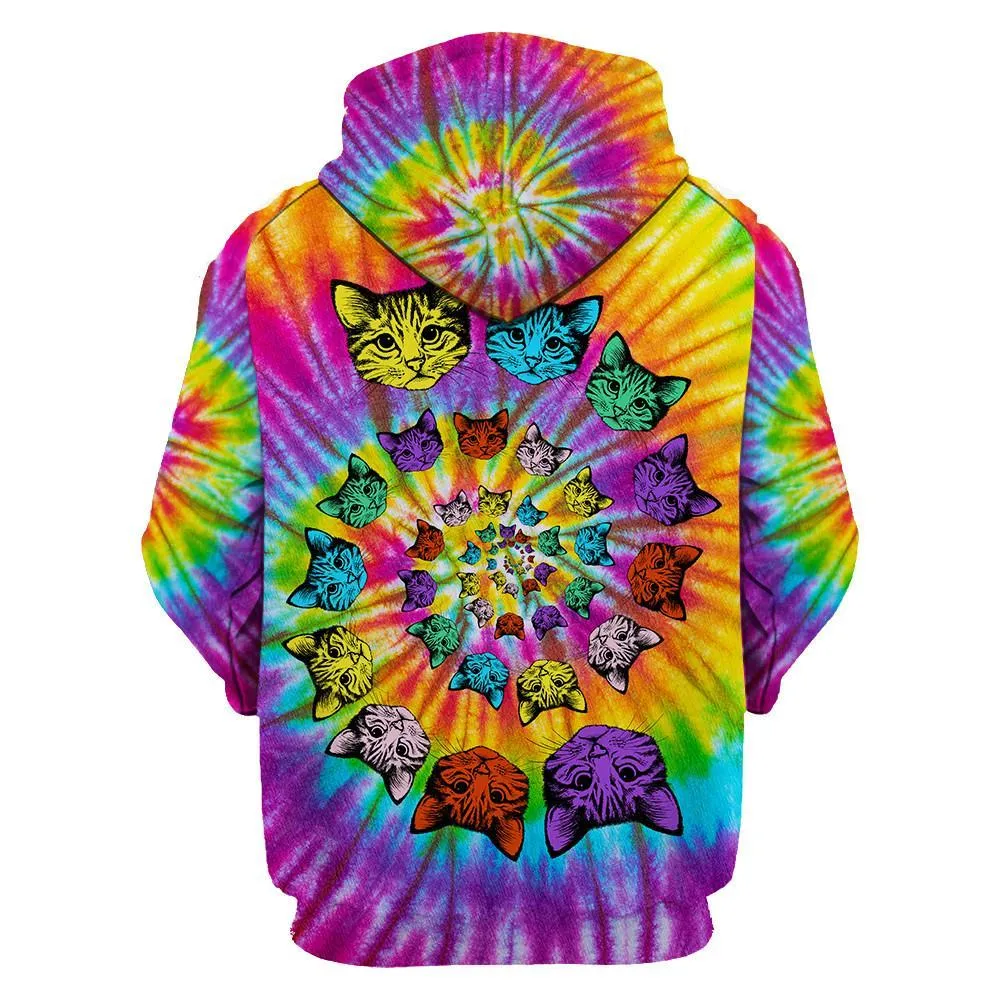 Tie Dye Hippie Cat Hoodie 3D All Over Print Cat Hippie Hoodie For Women, Hippie Gift To Her