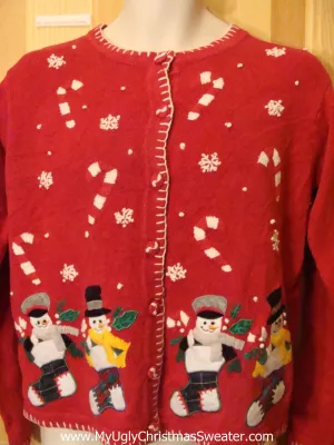 Ugly Christmas Sweater Snowmen in Plaid Stockings