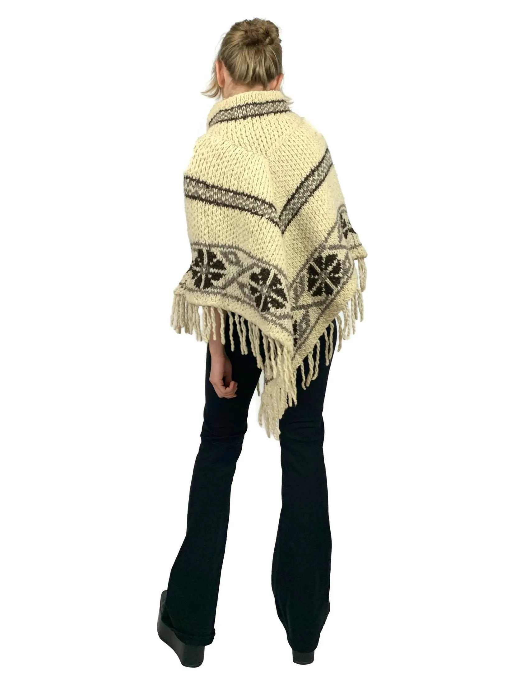 Vintage 70s Hippie Nordic Patterned Floral Chevron Striped V-Neck Collared Fringed Wool Poncho with Tassel Tie