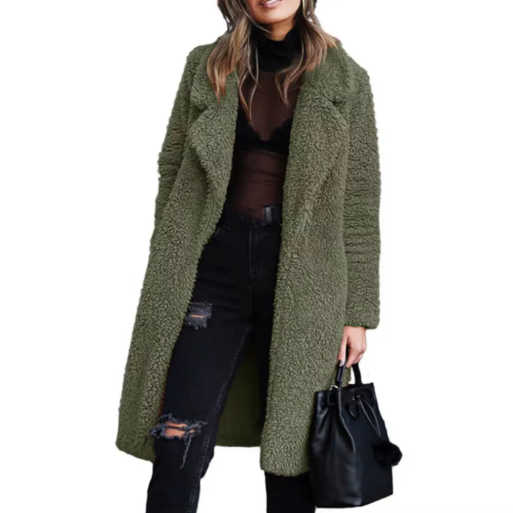 Women Winter Thicken Plush Lapel Solid Color Long Sleeve