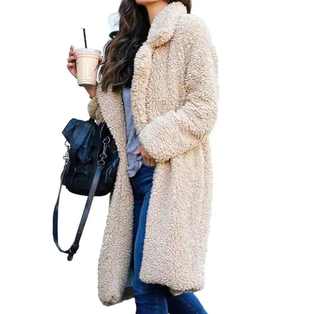 Women Winter Thicken Plush Lapel Solid Color Long Sleeve