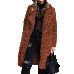 Women Winter Thicken Plush Lapel Solid Color Long Sleeve