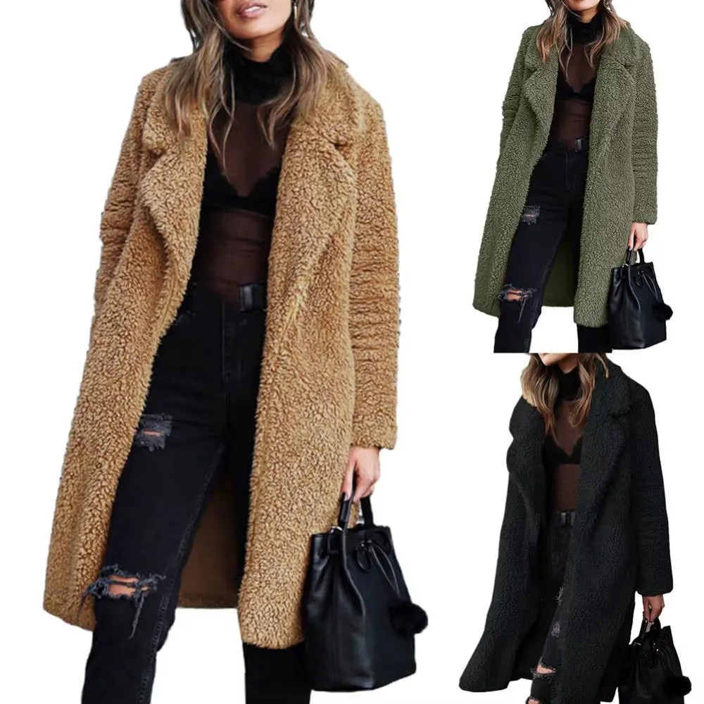 Women Winter Thicken Plush Lapel Solid Color Long Sleeve