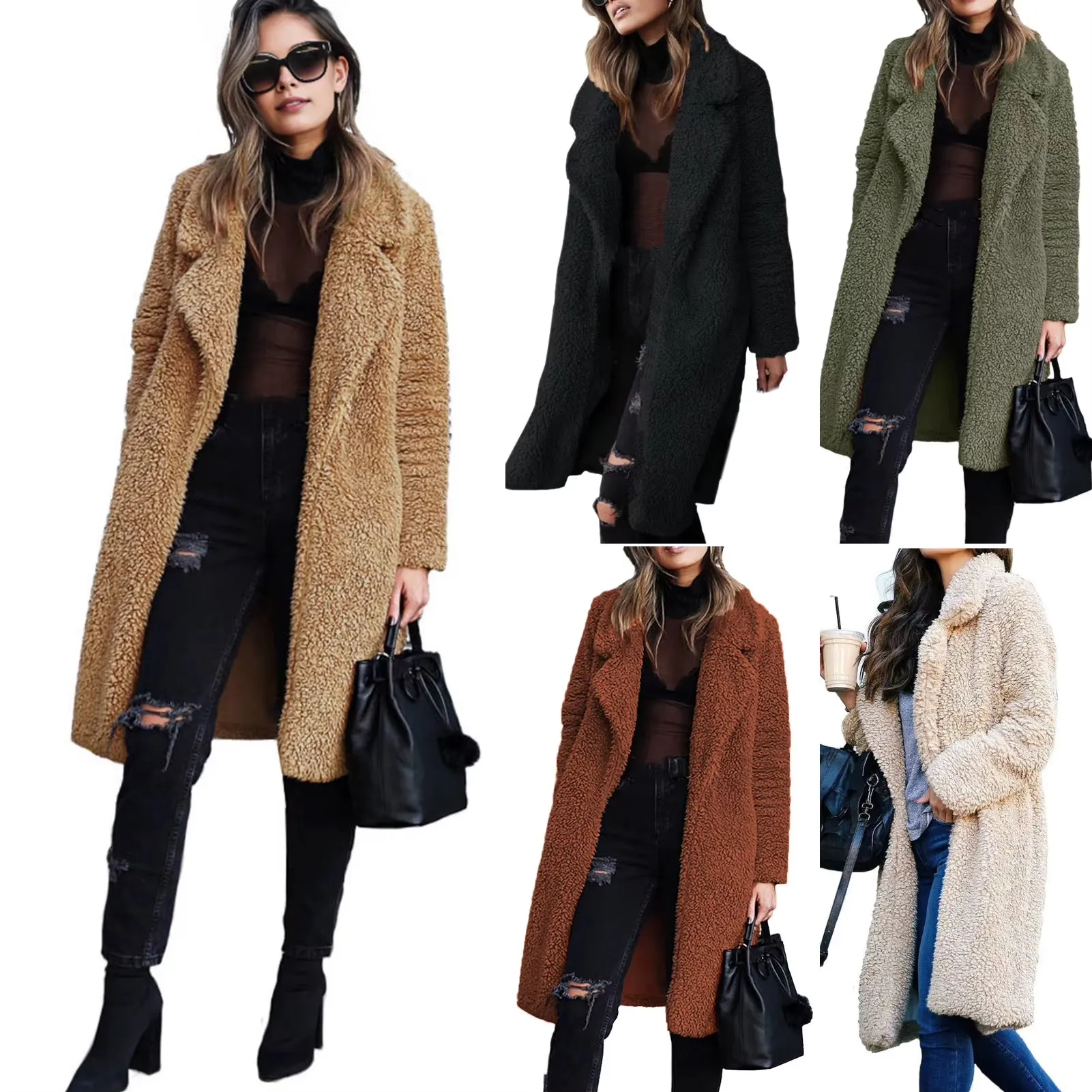 Women Winter Thicken Plush Lapel Solid Color Long Sleeve