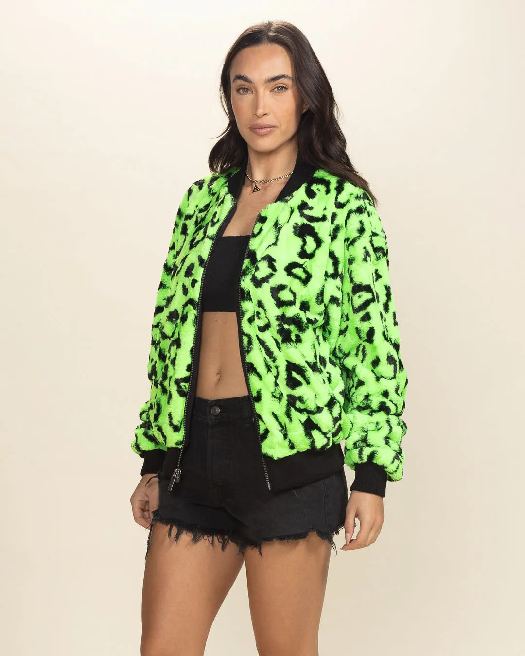 Women's Colorful Faux Fur Jacket | Neon Green Leopard