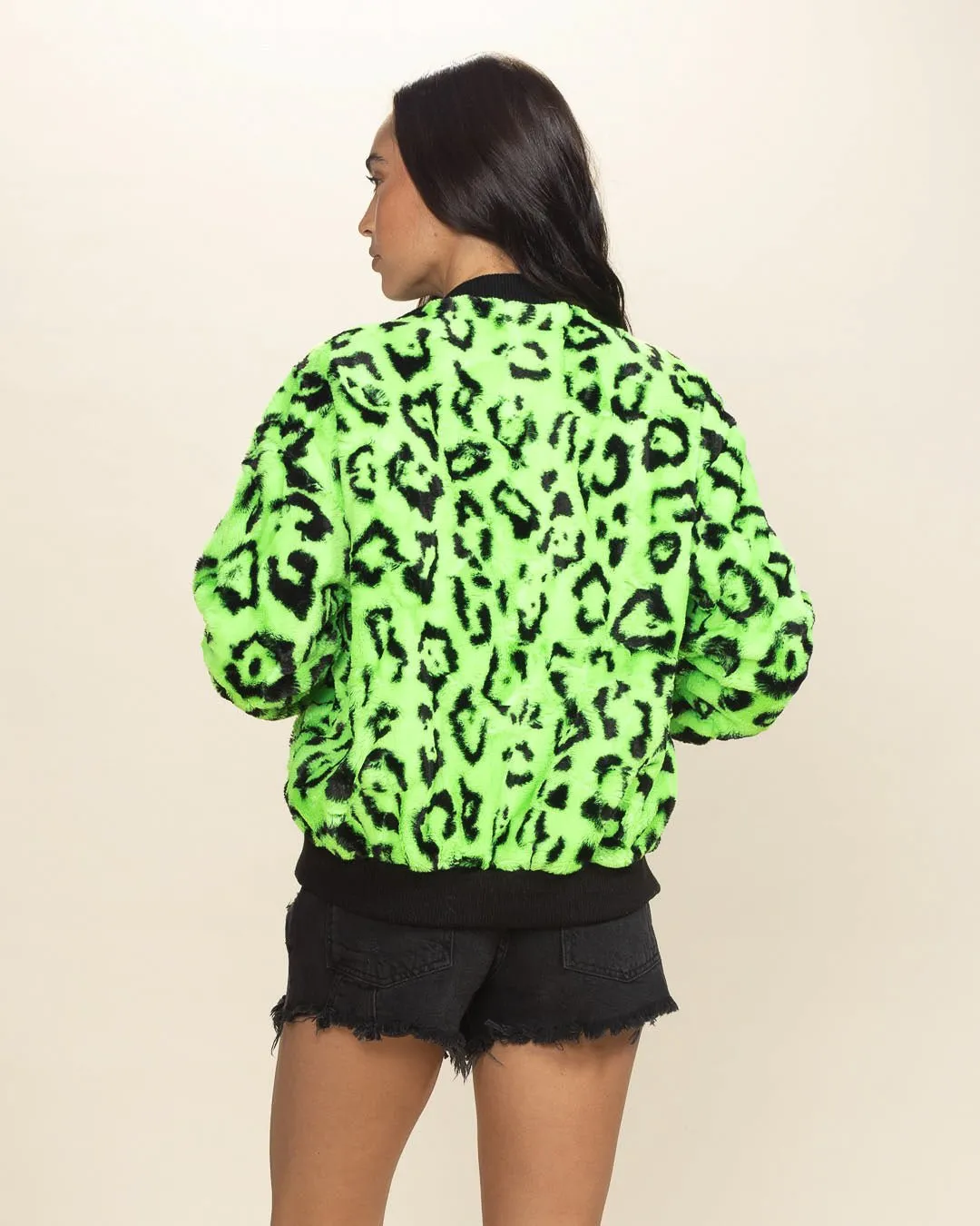 Women's Colorful Faux Fur Jacket | Neon Green Leopard