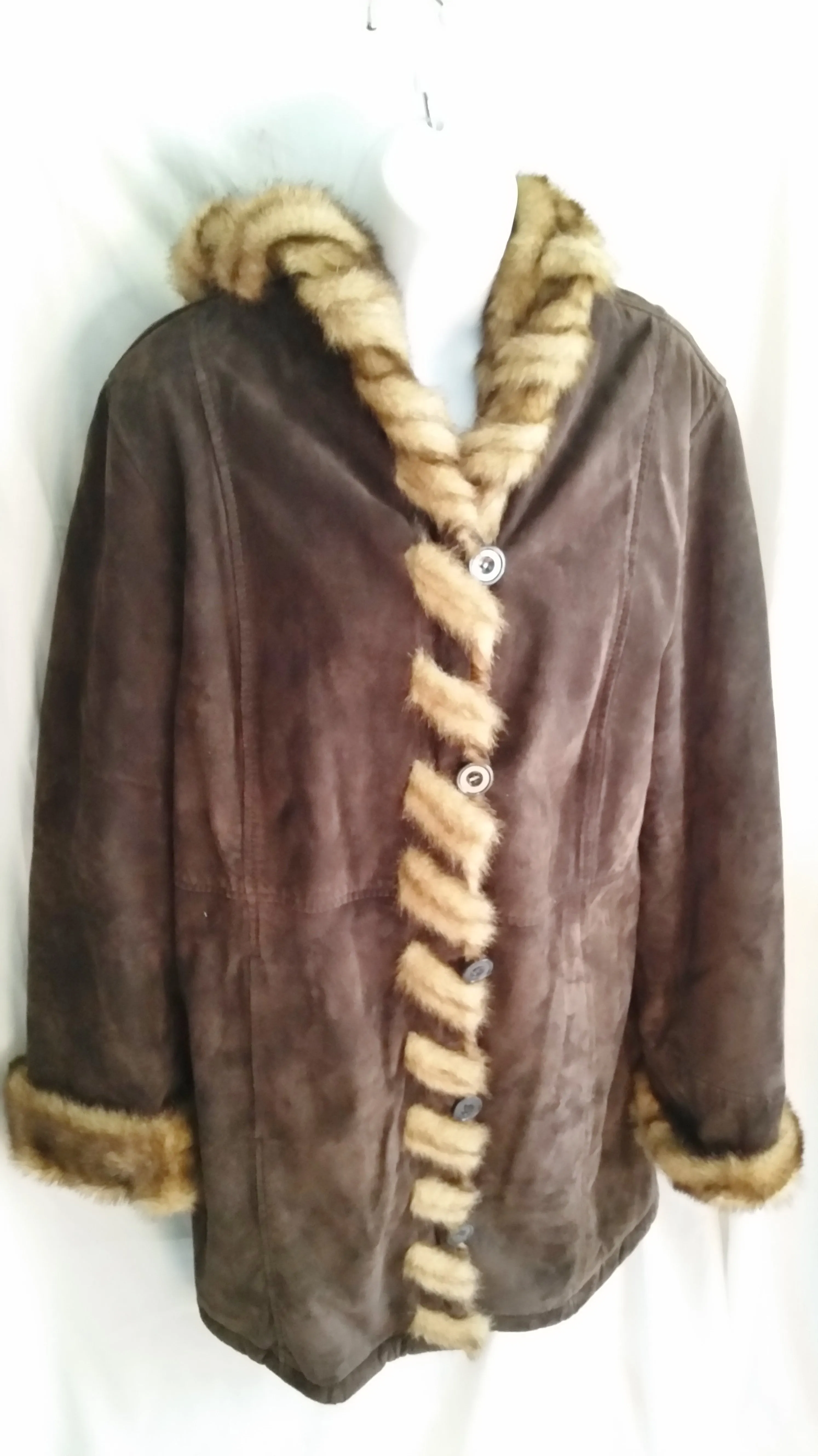 Womens DENNIS BASSO Suede Leather Faux Fur jacket coat BROWN S Hood