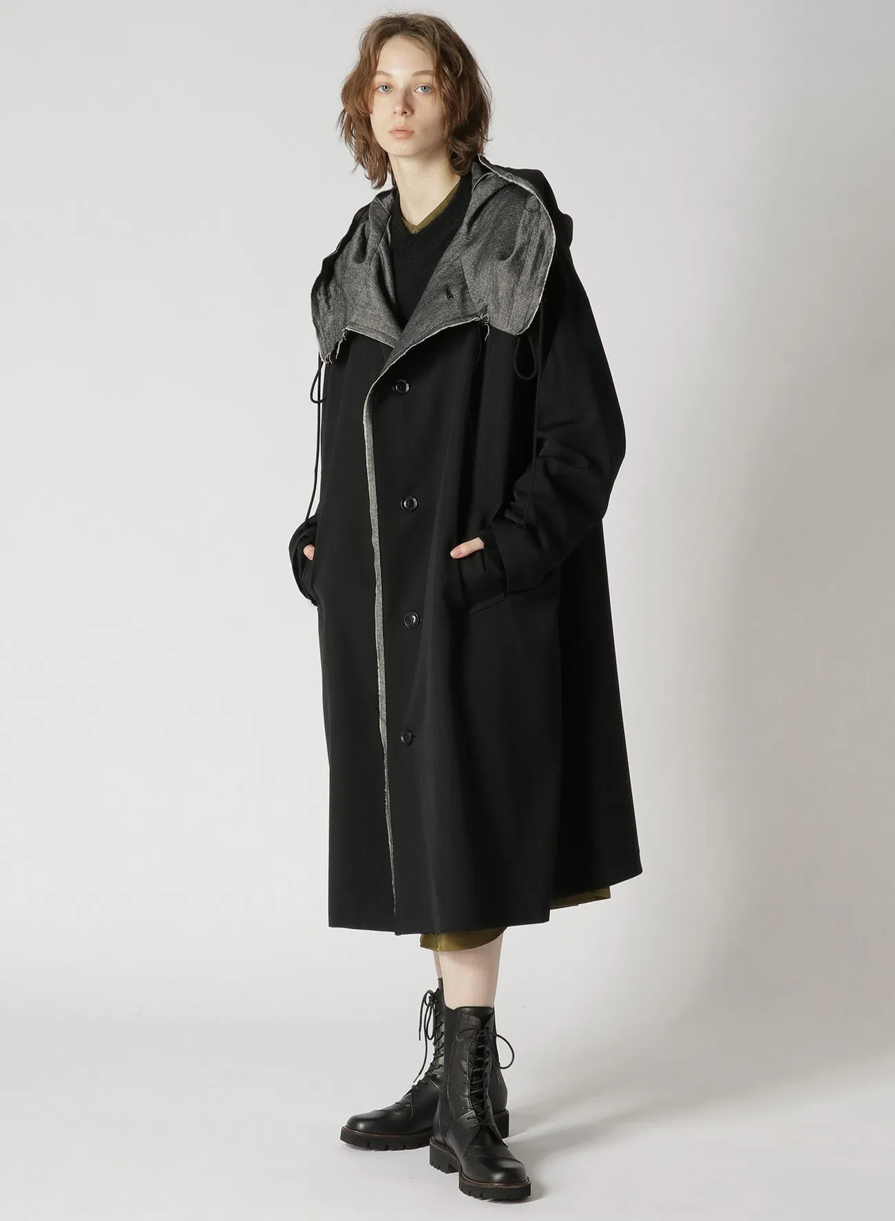 WOOL GABARDINE COAT WITH BIG HOOD