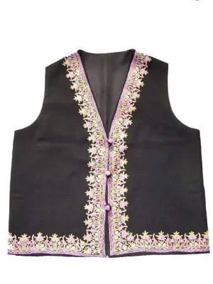 Woolen Waist Coat Black, Multicolor Embroidery #AO-076